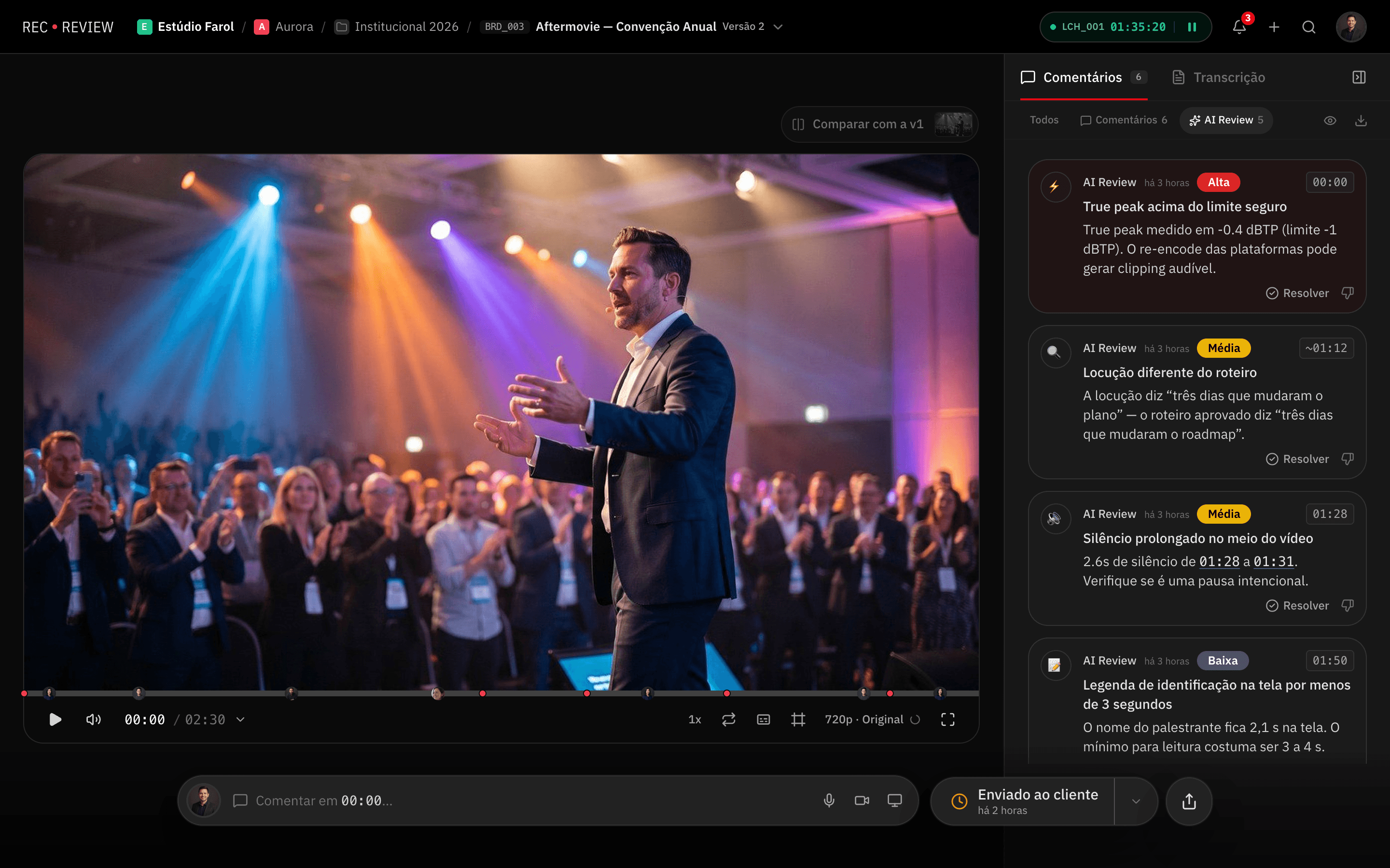 AI Review do RecReview listando os erros de um vídeo, cada um no seu timecode