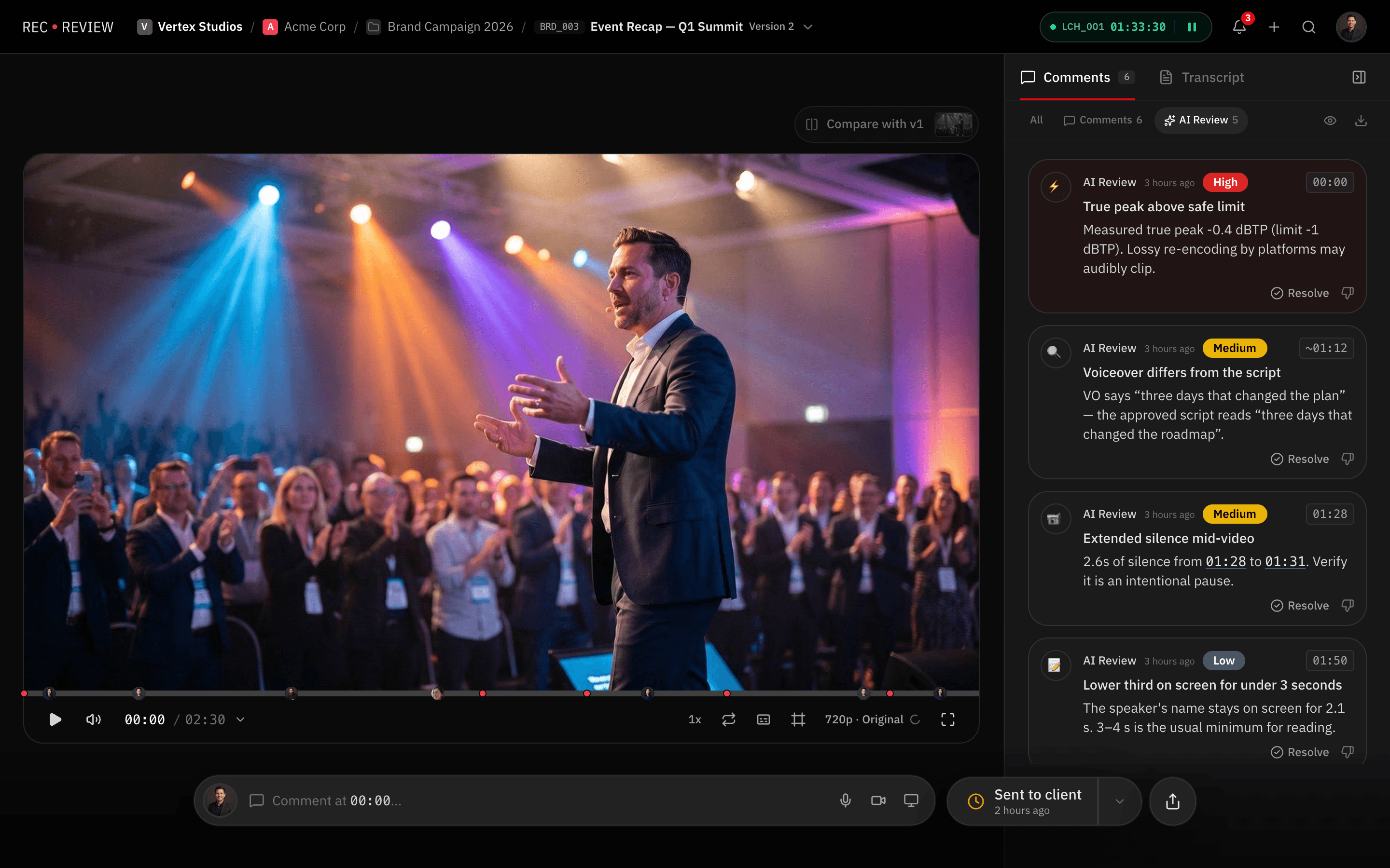 RecReview AI Review listing the errors found in a video, each at its timecode