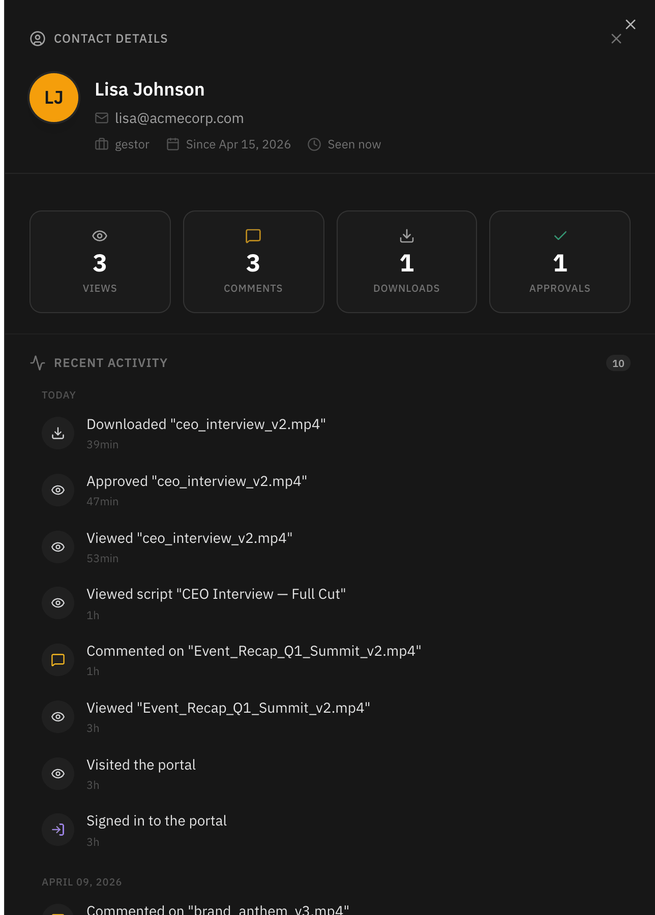 Client contact history with views, comments, downloads and approvals
