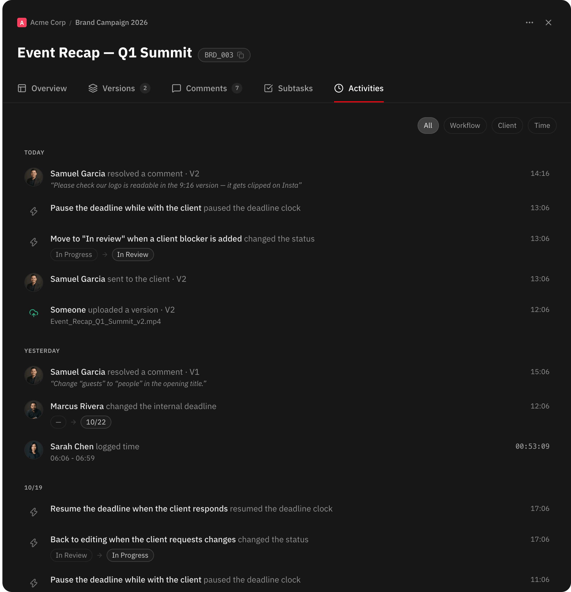 Task activity history with the version sent to the client, automations and resolved comments