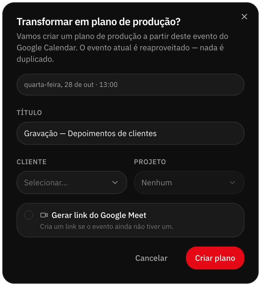 Evento do Google Agenda sendo transformado em plano de produção