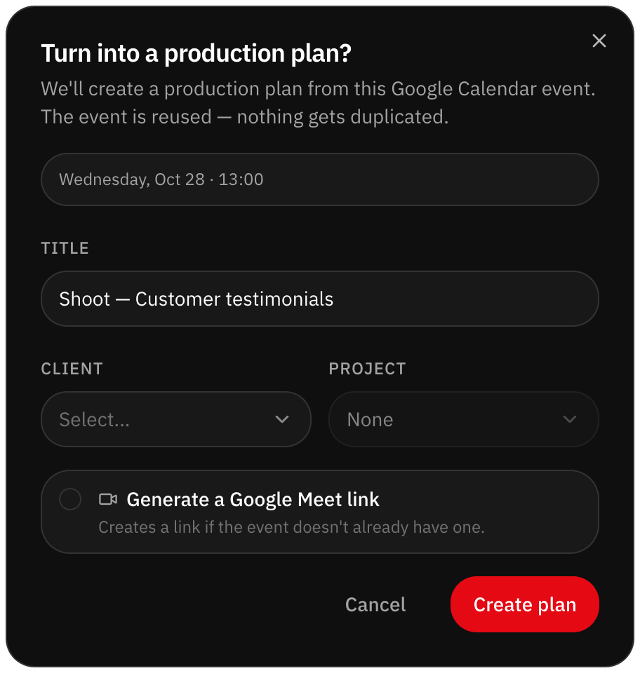 Google Calendar event being turned into a production plan