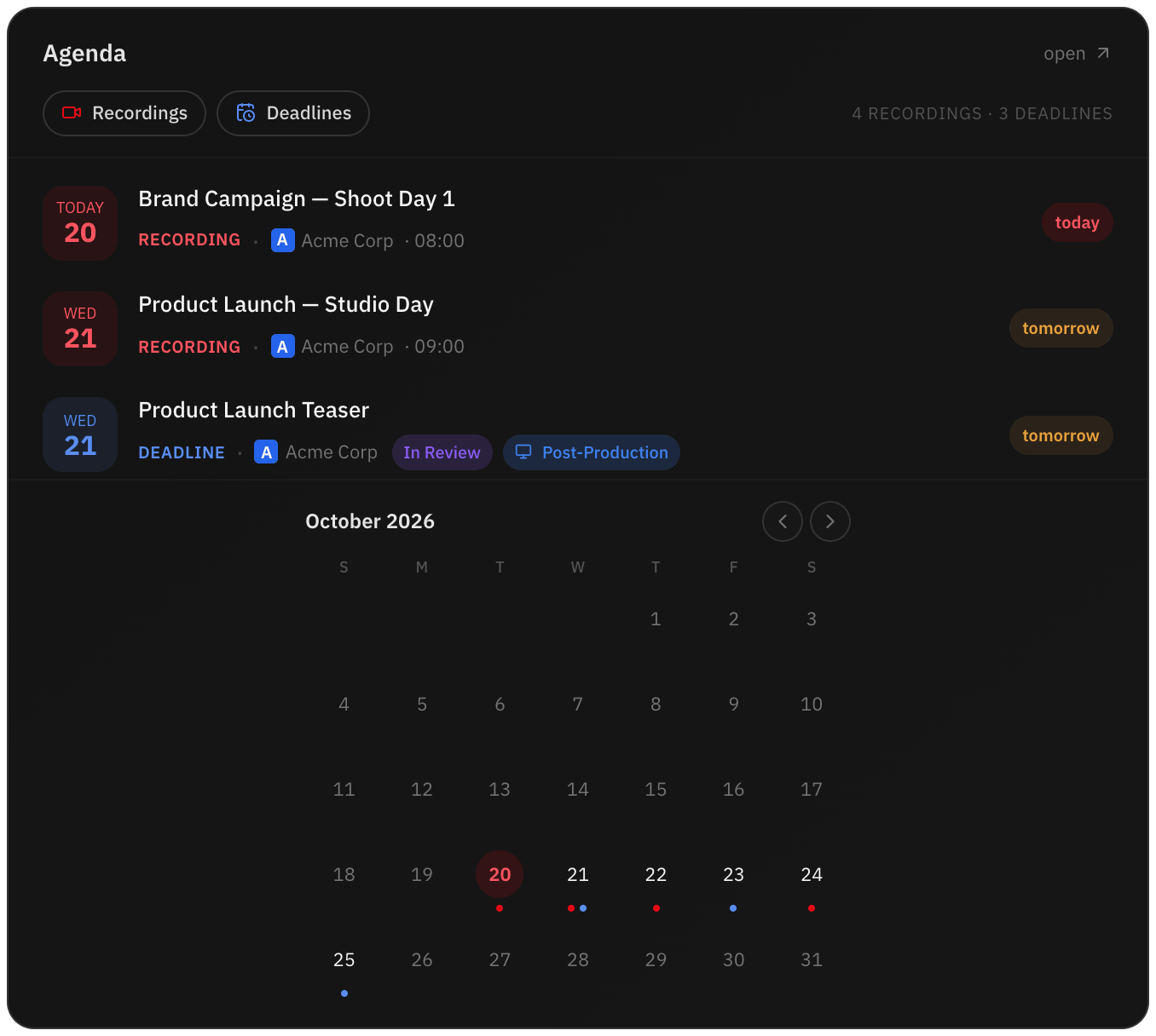 Home agenda with upcoming shoot days and delivery deadlines, and the month calendar