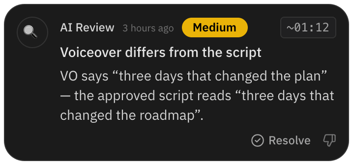 AI Review finding: the voiceover says a different line from the script, with the timecode
