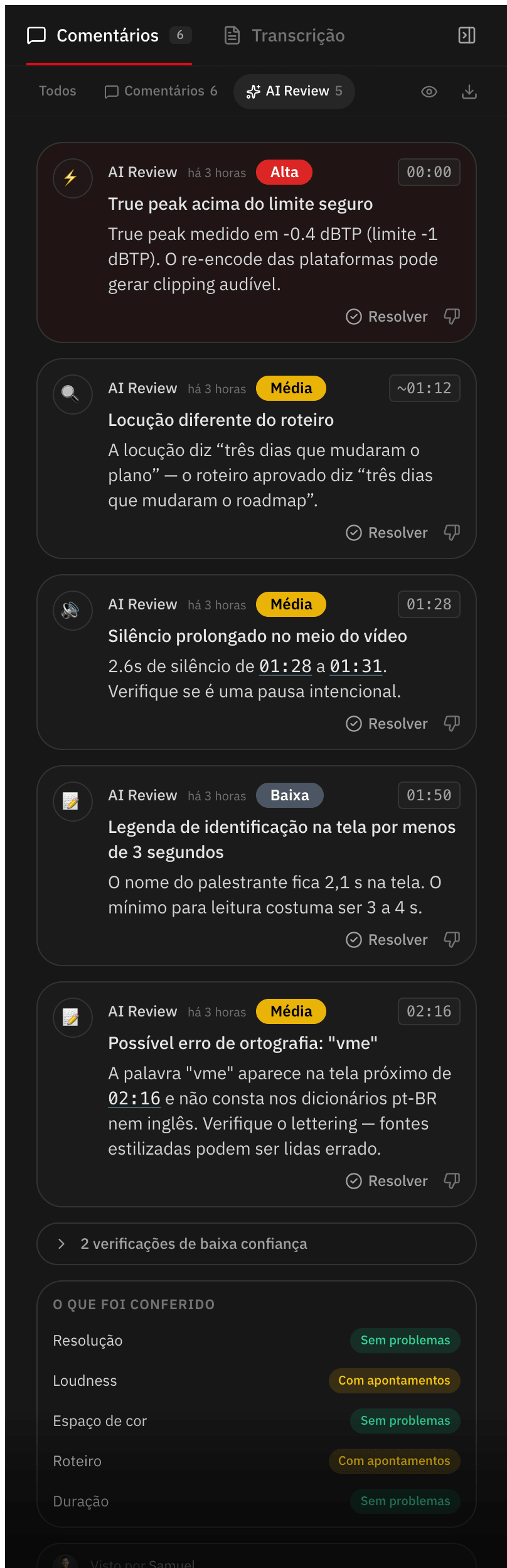 Apontamentos do AI Review com gravidade e horário