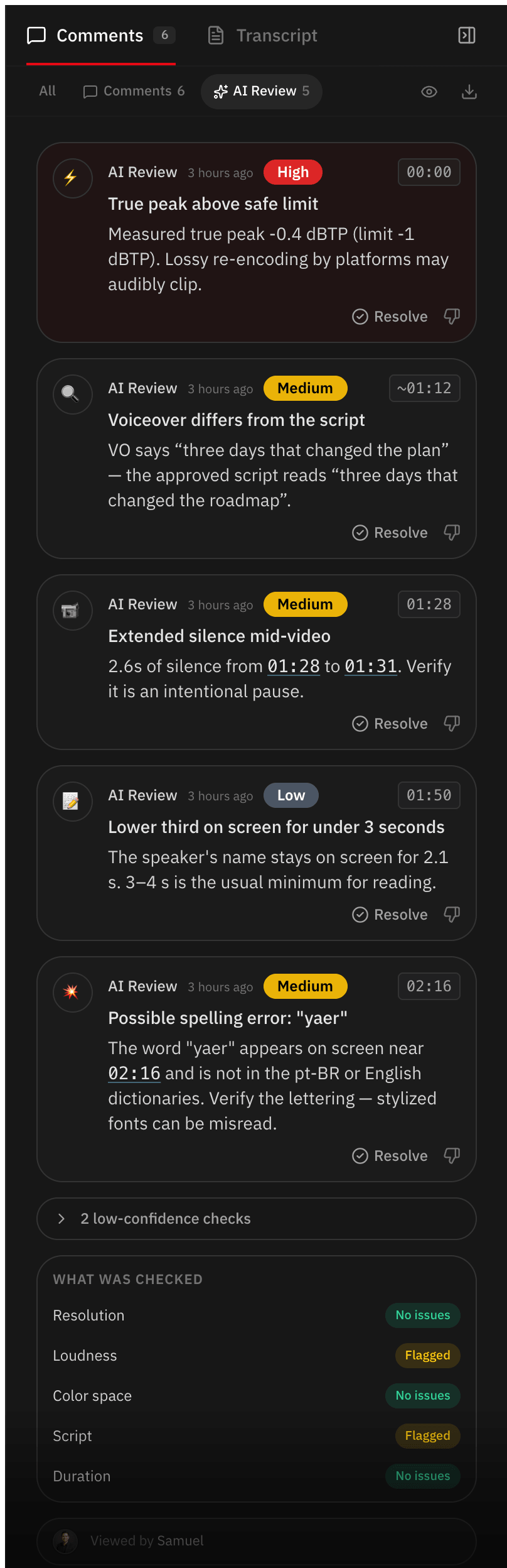 AI Review findings with severity and timecode