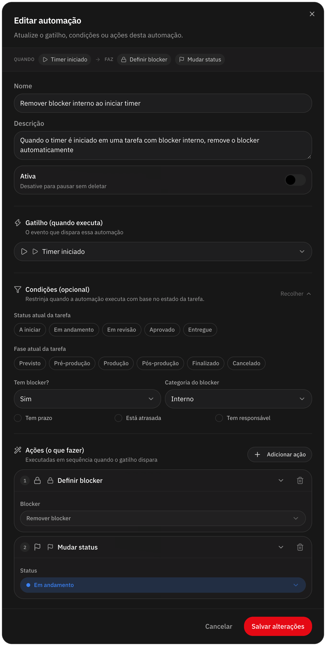 Editor de automação com o gatilho, as condições e as ações de uma regra