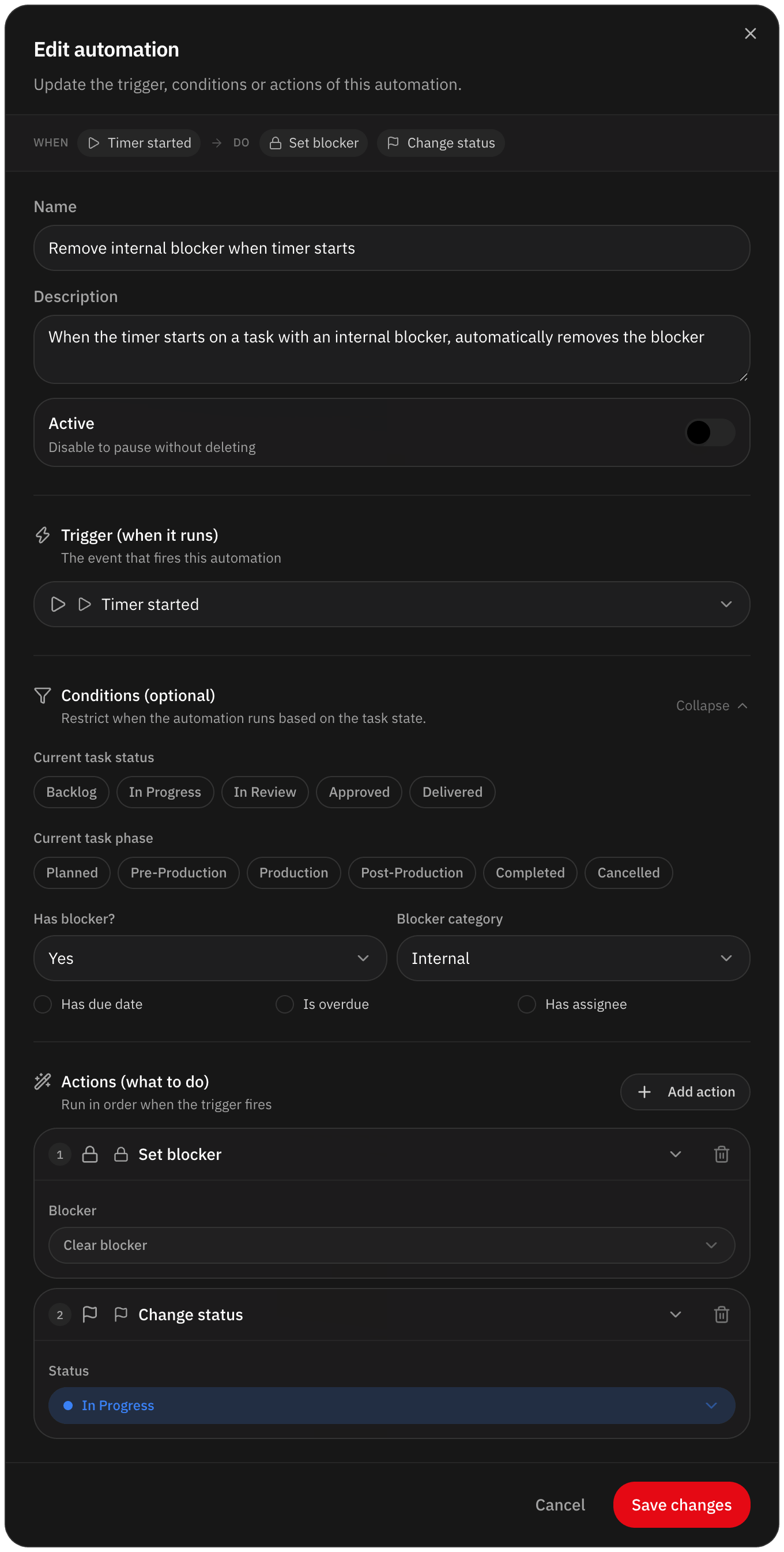 Automation editor with a rule’s trigger, optional conditions and the actions it runs in order