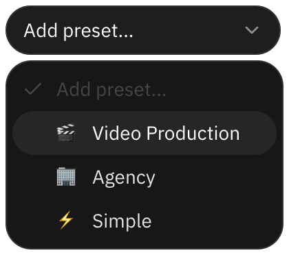 Automation preset menu with Video Production, Agency and Simple