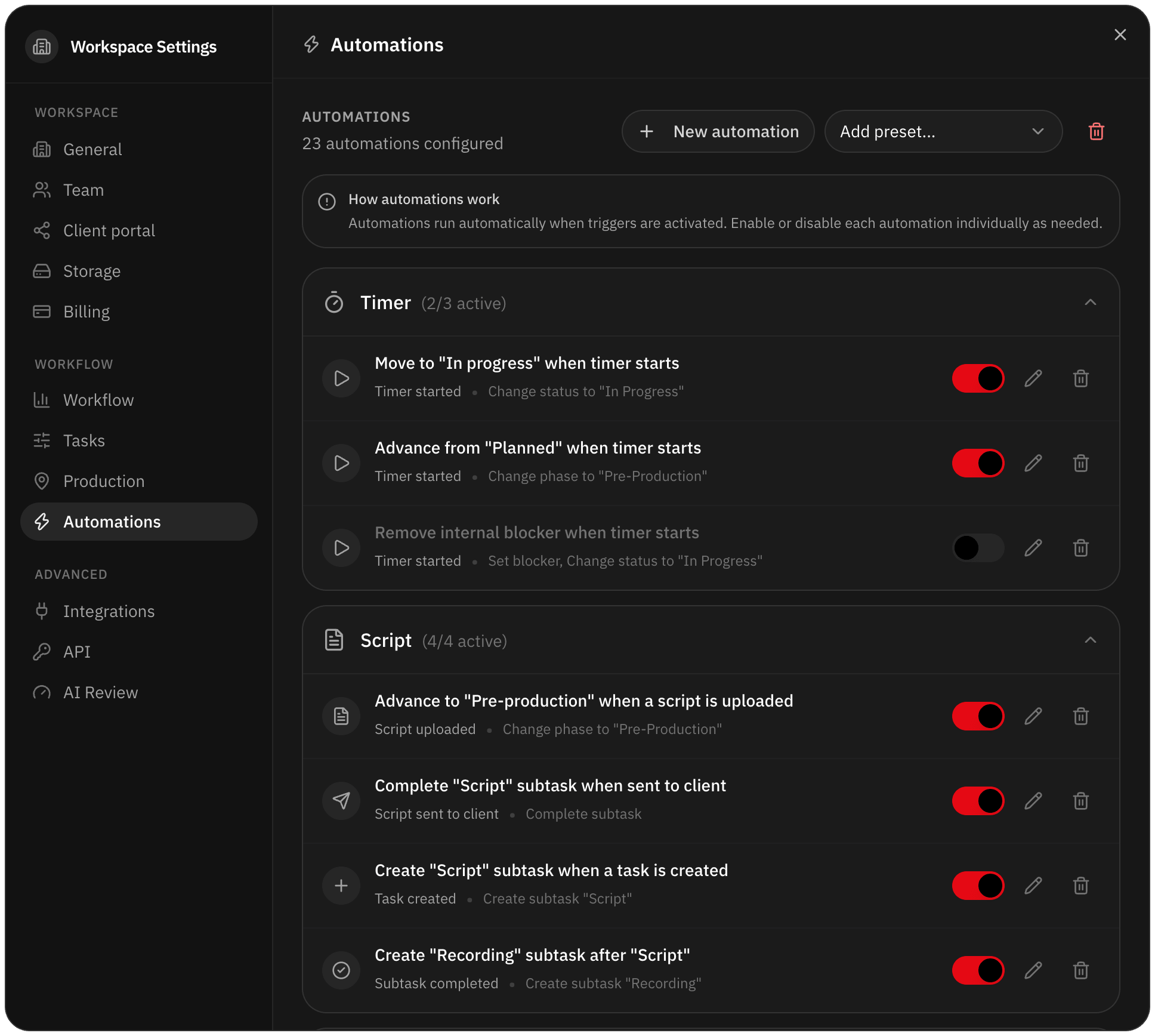 Workspace automations grouped under Timer and Script, each rule with its trigger, its action and an on/off switch