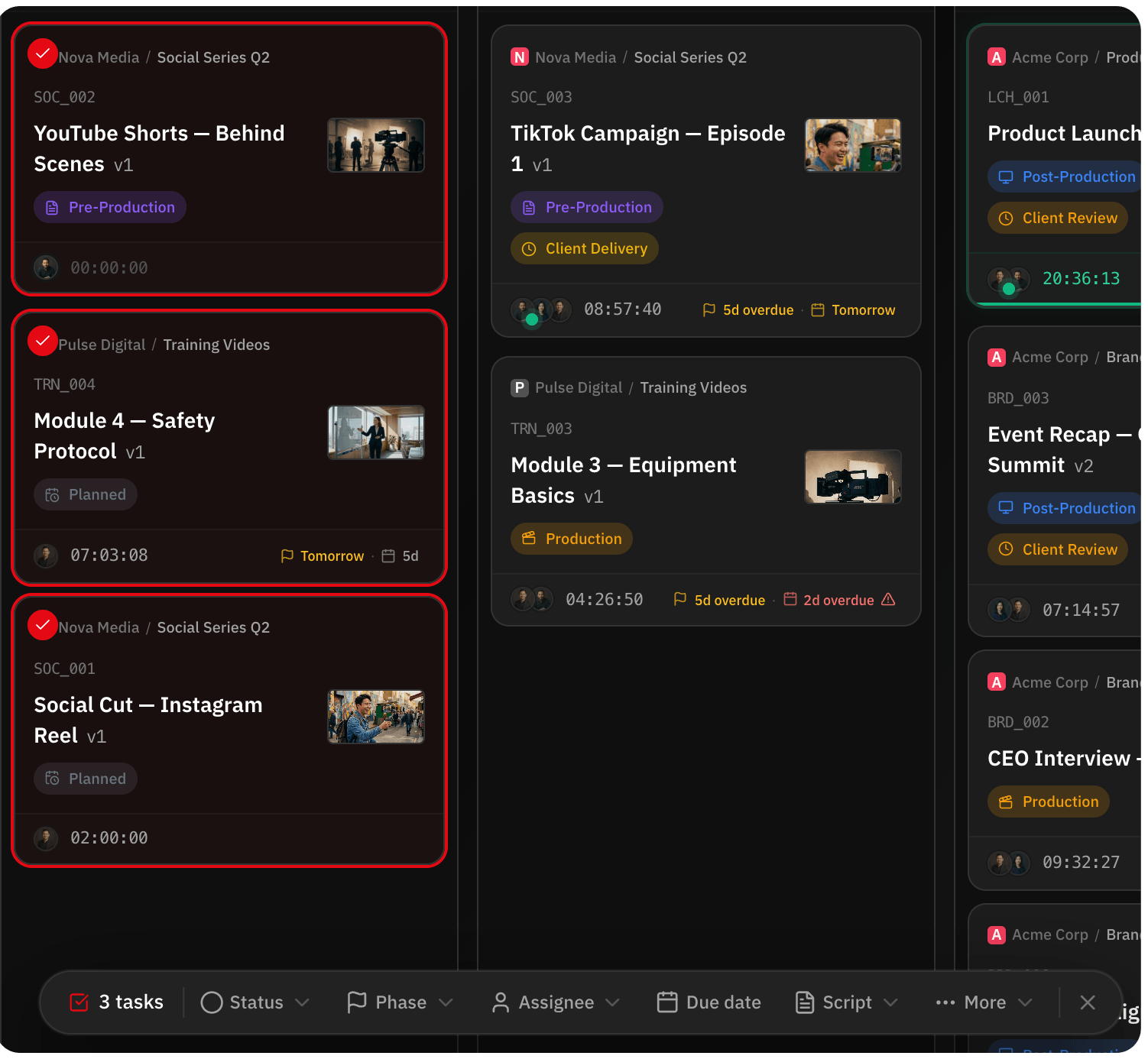 Three tasks selected on the board with the bulk action bar
