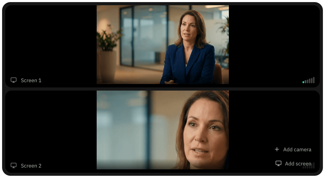 Operator view watching two camera angles, with an audio level meter