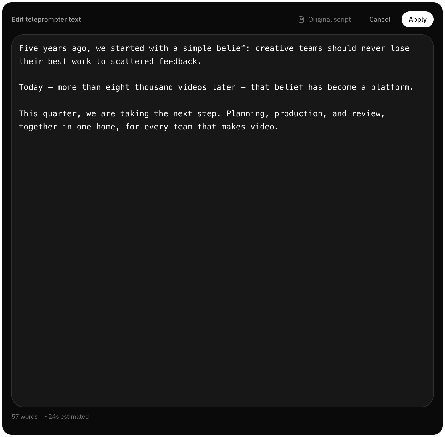 Script text with only the spoken lines, ready for the teleprompter, with the word count and estimated seconds