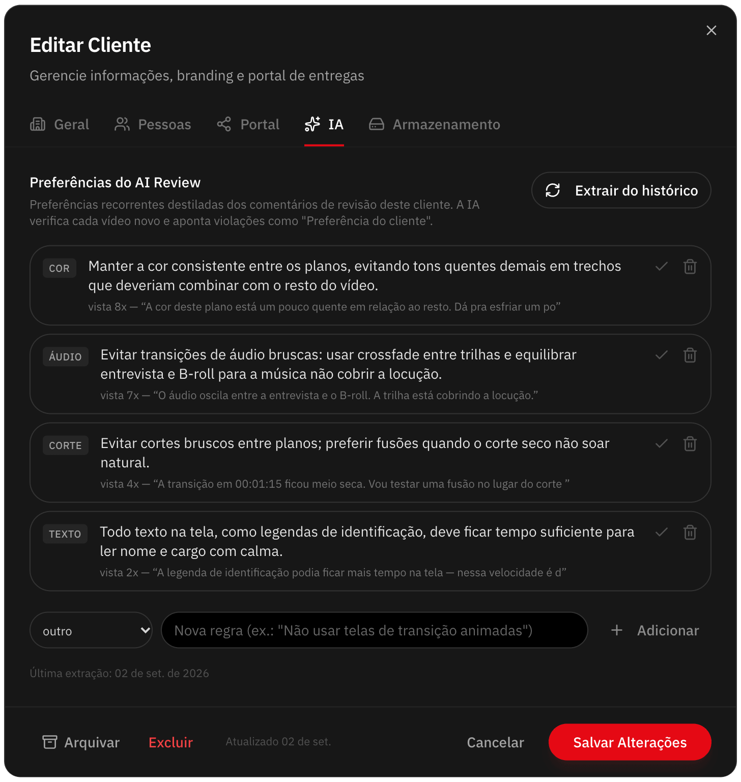 Preferências do cliente aprendidas pela IA, com confirmação e exclusão