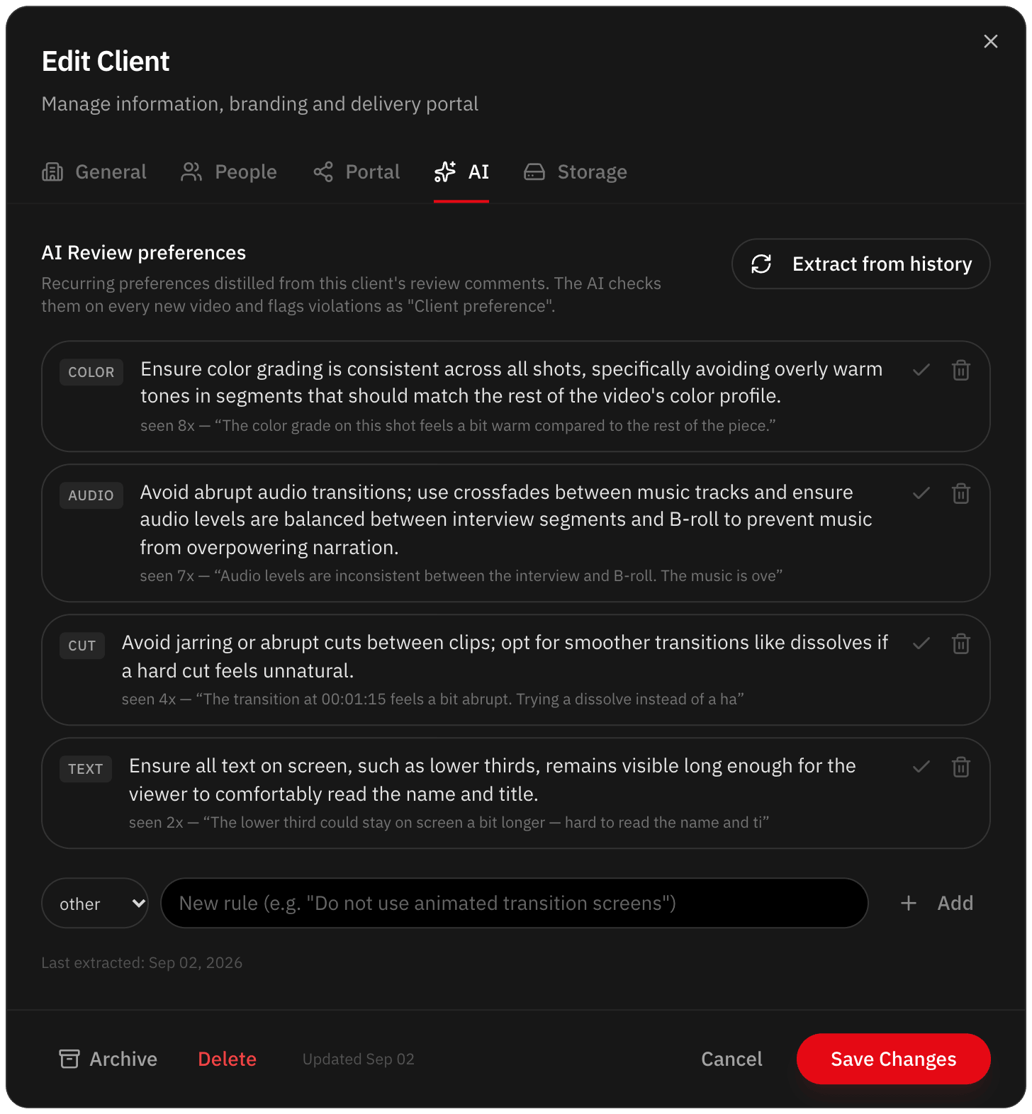 Client preferences learned by AI, with confirm and delete