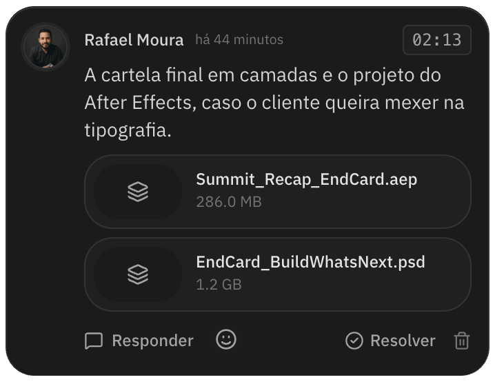Comentário com o projeto do After Effects e um PSD de 1,2 GB anexados