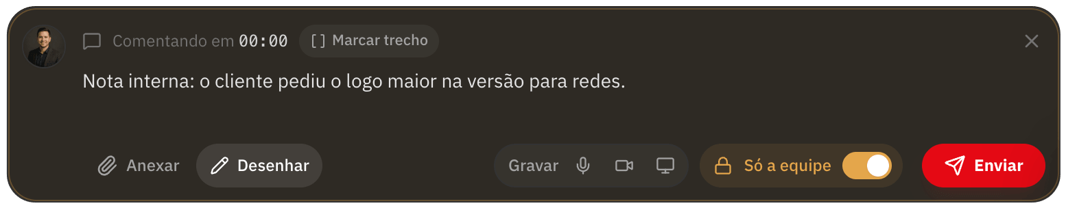 Caixa de comentário com a chave Só a equipe ligada numa nota interna