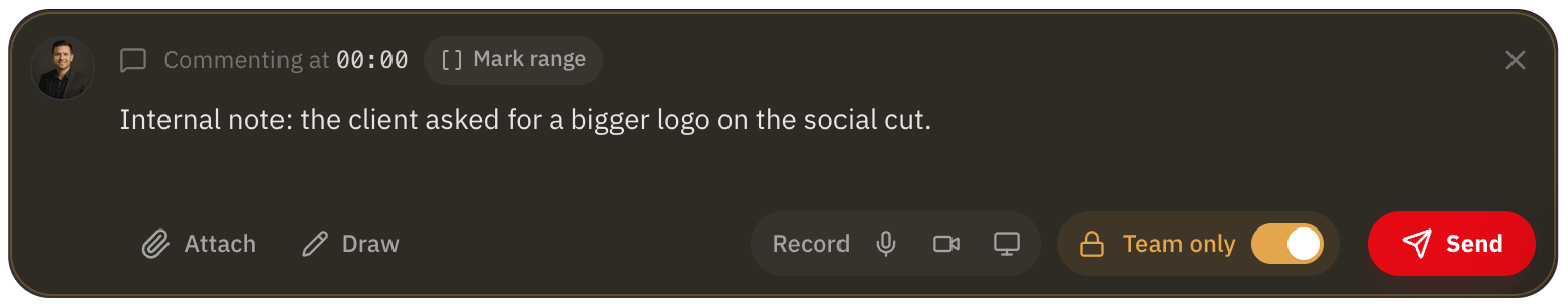 Comment box with the Team only switch turned on for an internal note