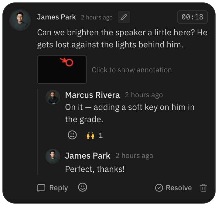Comment pinned at 00:18 with a drawing on the frame and replies from the team