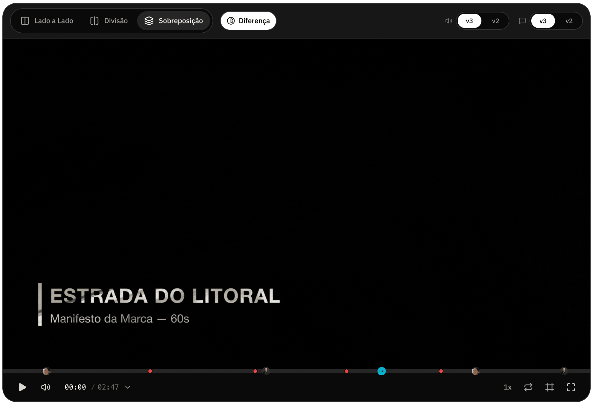 Duas versões sobrepostas no modo Diferença, com só o título que mudou aceso