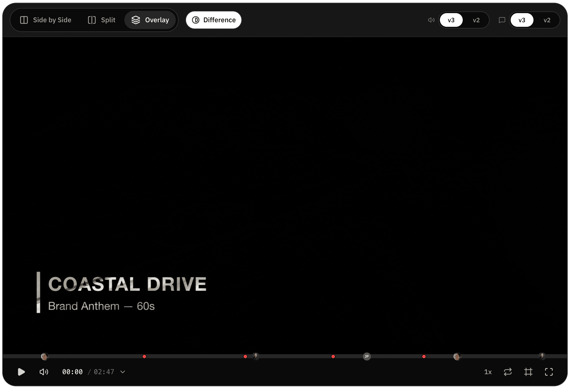Two versions overlaid in Difference mode, with only the changed title lit up