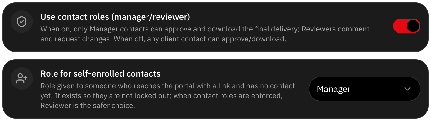 Contact roles switched on: only client managers approve and download the final delivery