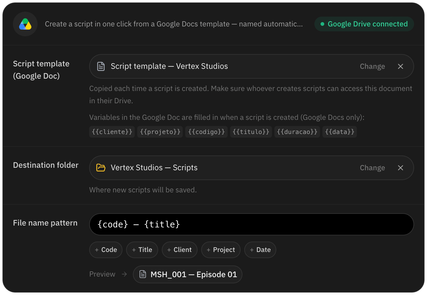 Google Docs script template with destination folder and file name pattern