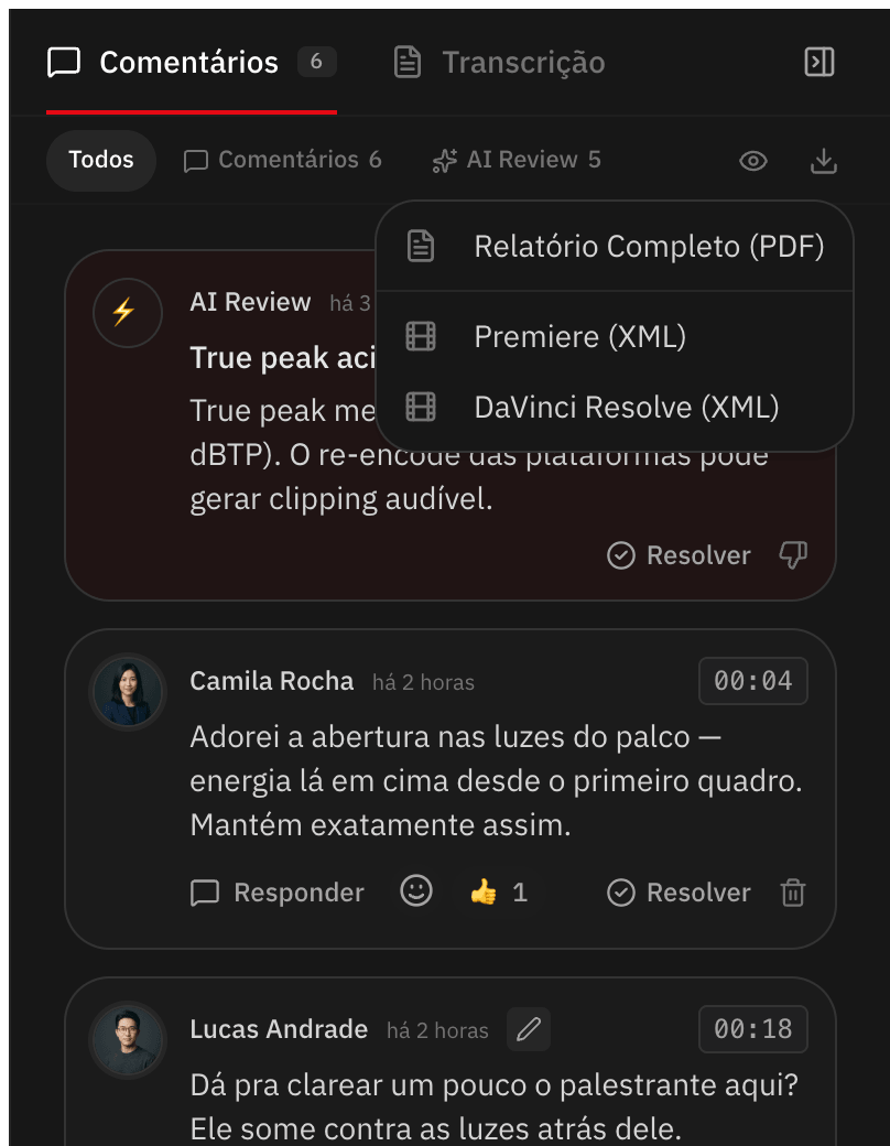 Exportação dos comentários como XML para o Premiere e o DaVinci Resolve