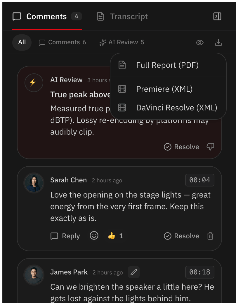 Comment export as XML for Premiere and DaVinci Resolve