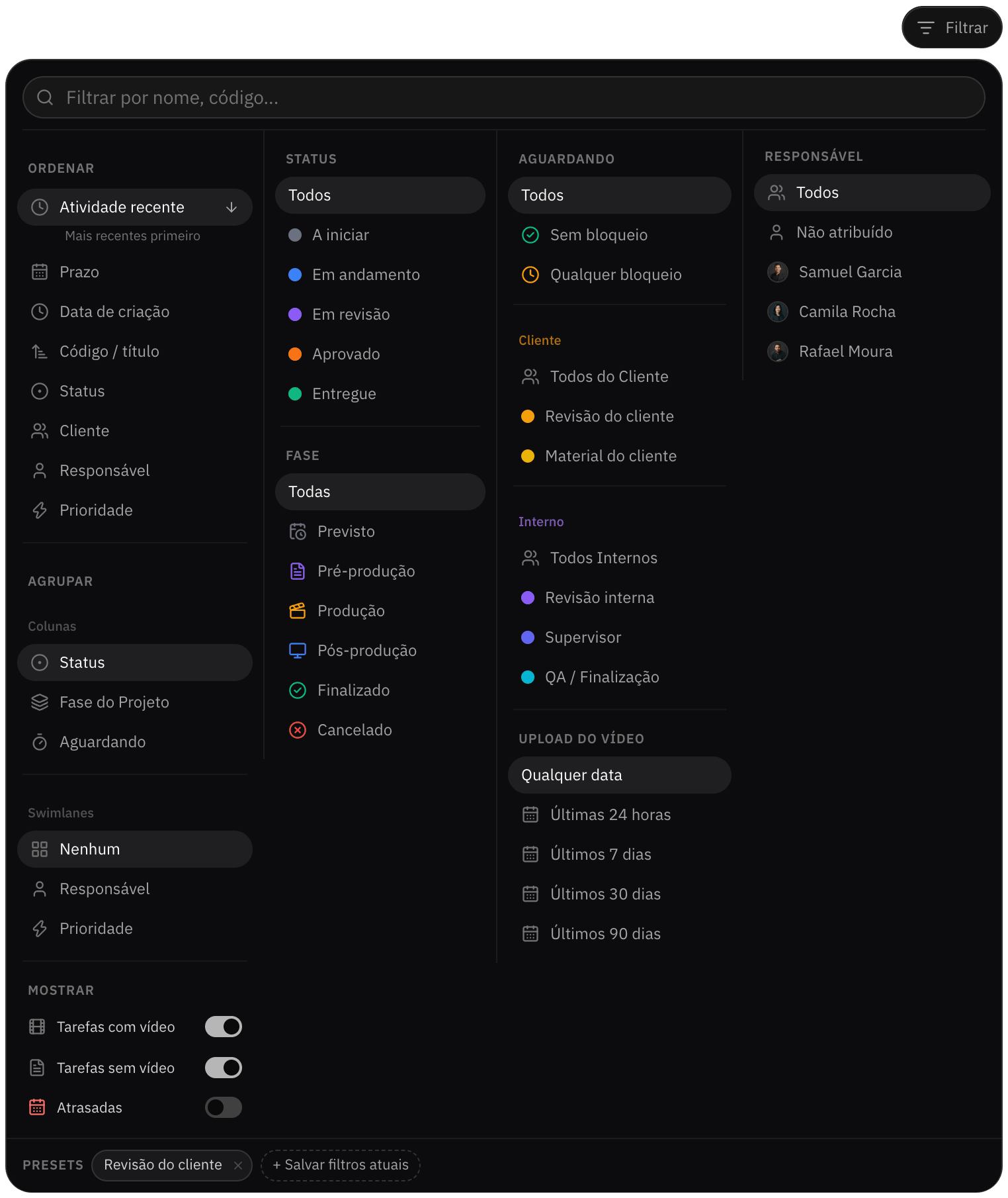 Painel de filtros do quadro com presets salvos