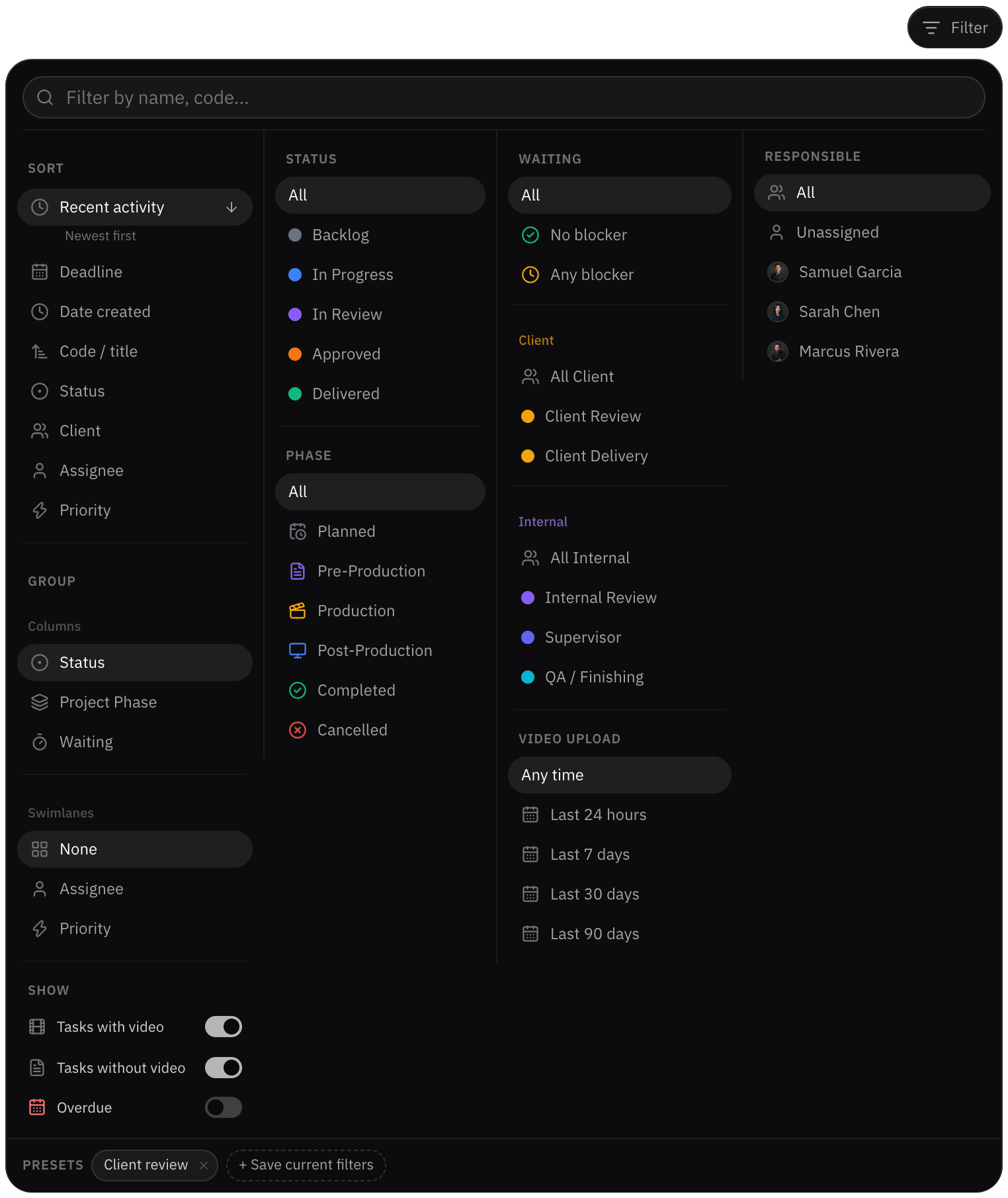 Board filter panel with saved presets
