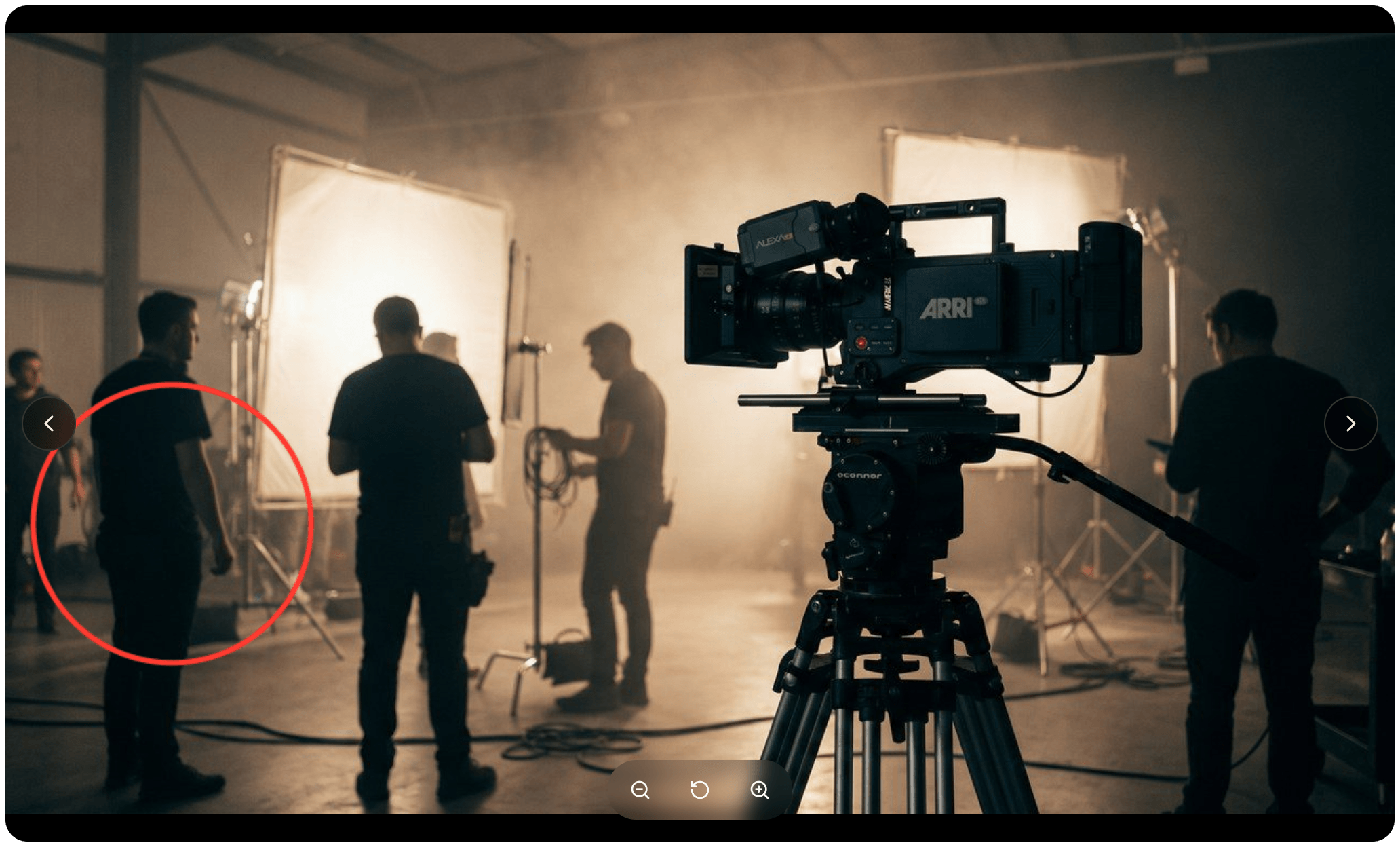 Photo of a film set with a circle drawn around one crew member