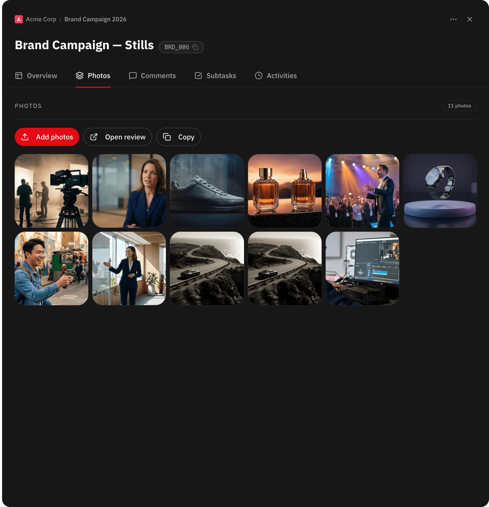 Gallery opened by the team, with the image grid and the Add photos and Open review buttons
