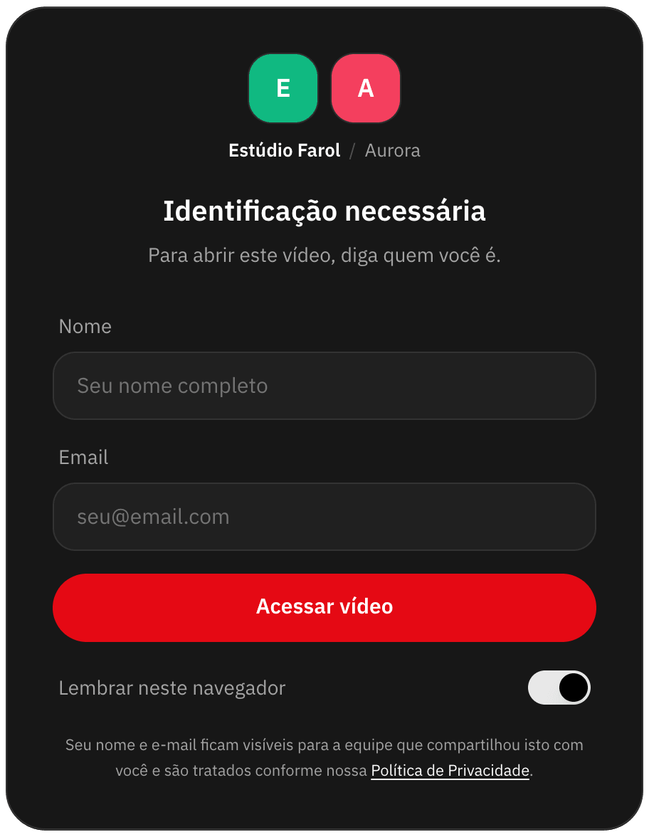 Cliente informa nome e e-mail para abrir o vídeo, sem criar conta