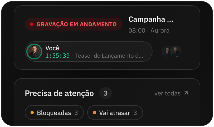 Home do app no iPhone com timer rodando, gravação em andamento e tarefas que precisam de atenção