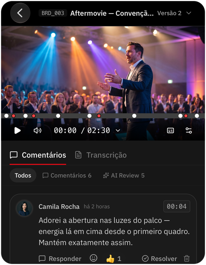 Revisão no iPhone com o player, os comentários e os achados do AI Review