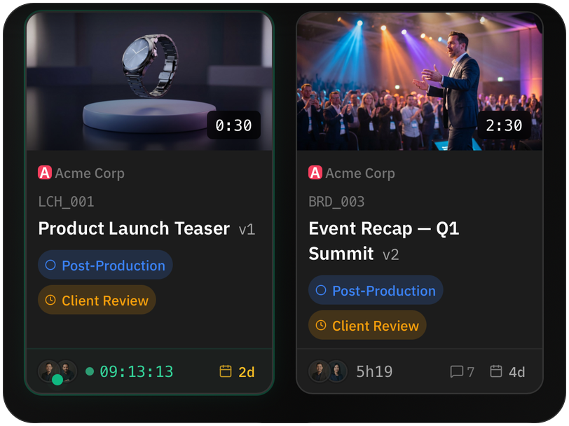 Video grid on iPhone with each task’s version, phase and due date