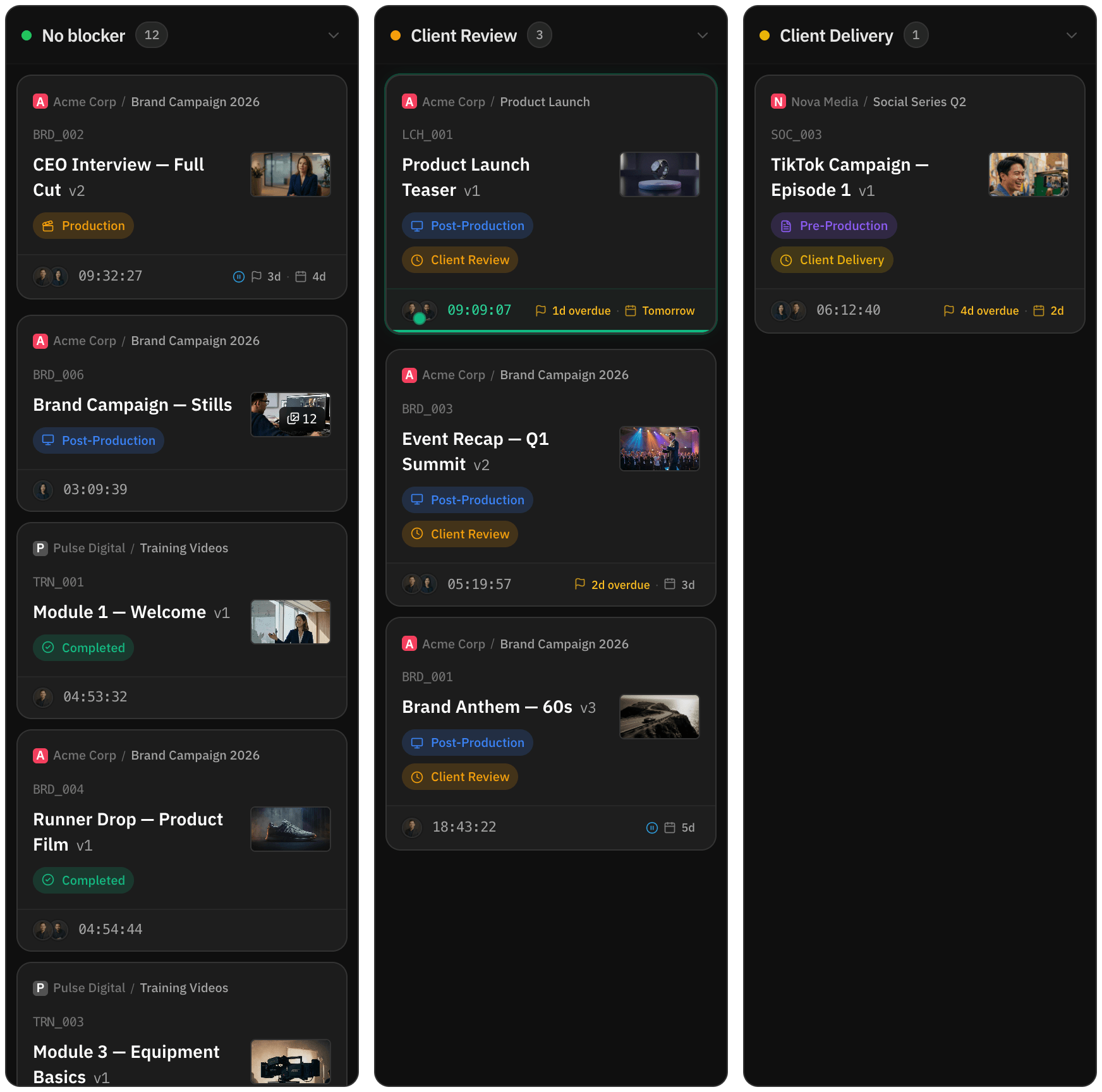Board with videos grouped by what they are waiting on: no blocker, client review, client delivery