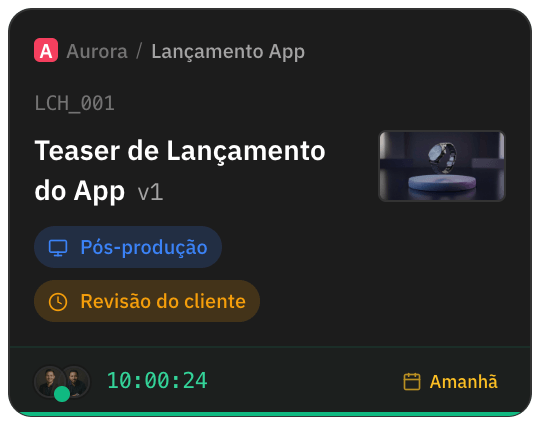 Card com cliente, código do vídeo, versão, fase, aguardando revisão do cliente, timer rodando e prazo