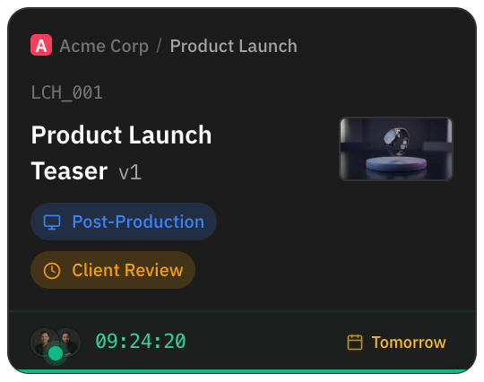 Kanban card with client and project, video code, version 1, the Post-production phase, client review, a running timer and the due date