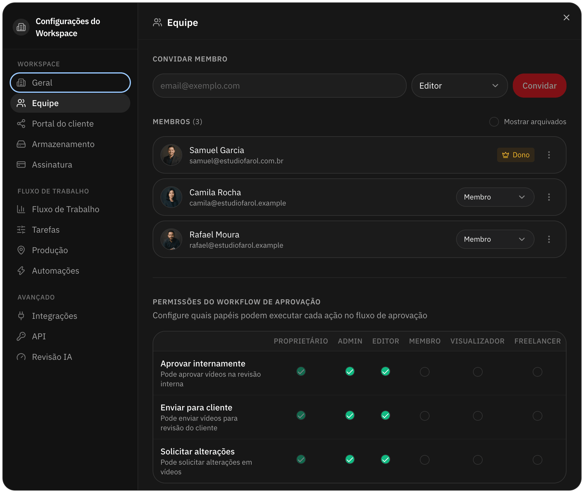 Configurações da equipe com o convite e o menu de papel, o papel de cada membro e a tabela de permissões de aprovação com a coluna Freelancer