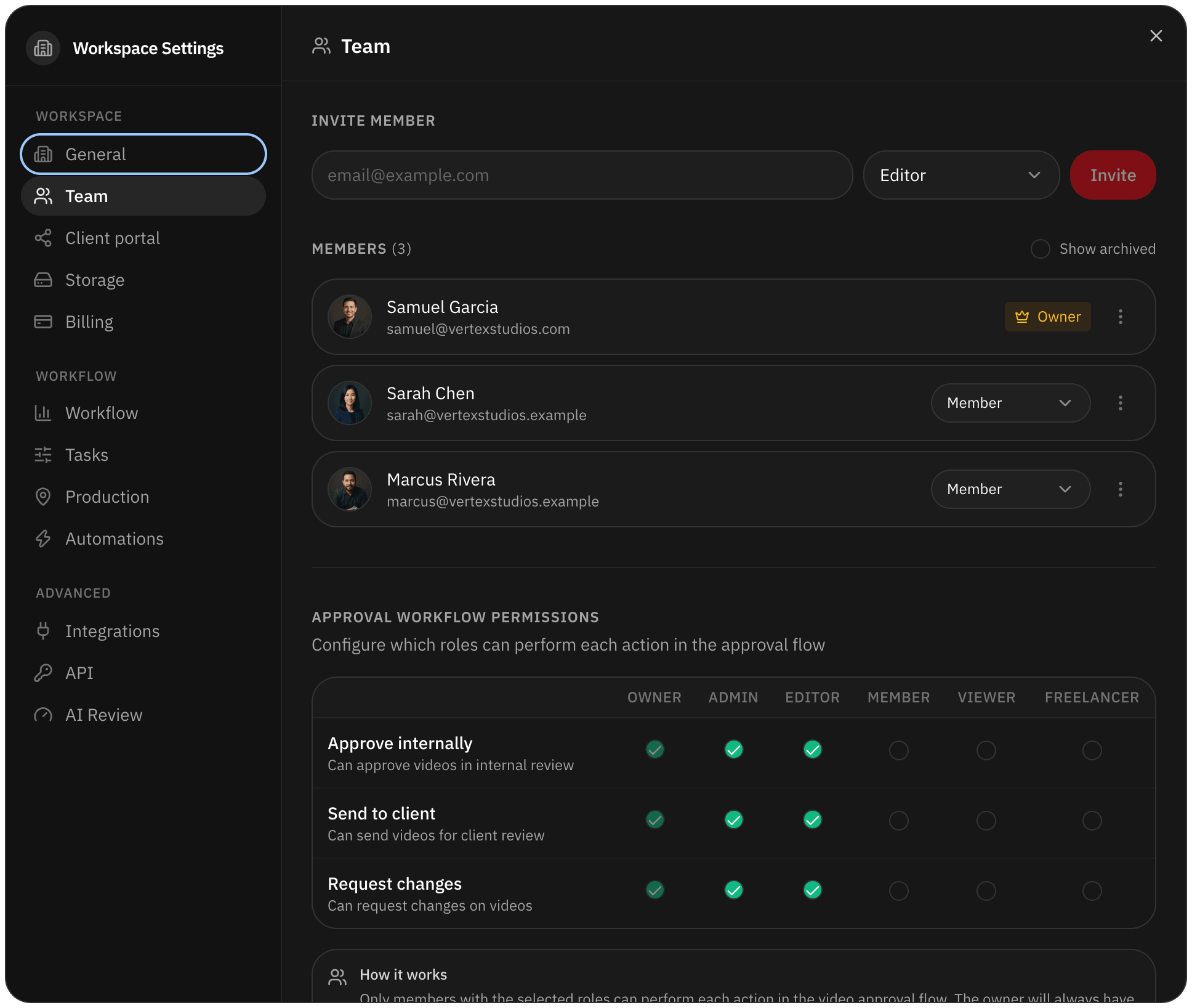 Team settings with the invite field and role menu, each member’s role and the approval permissions grid with a Freelancer column