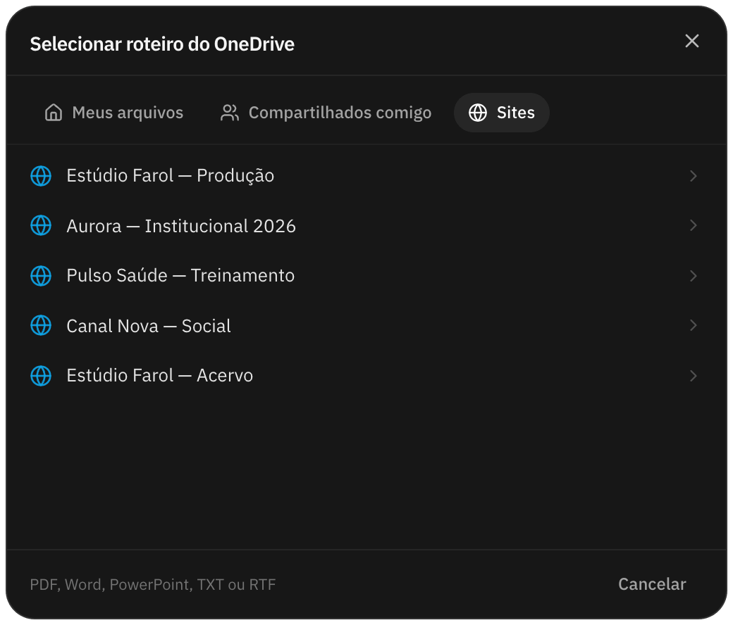 Seletor do OneDrive com sites do SharePoint