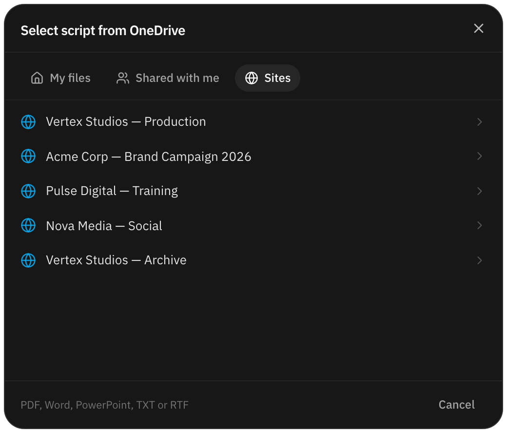 OneDrive picker with SharePoint sites