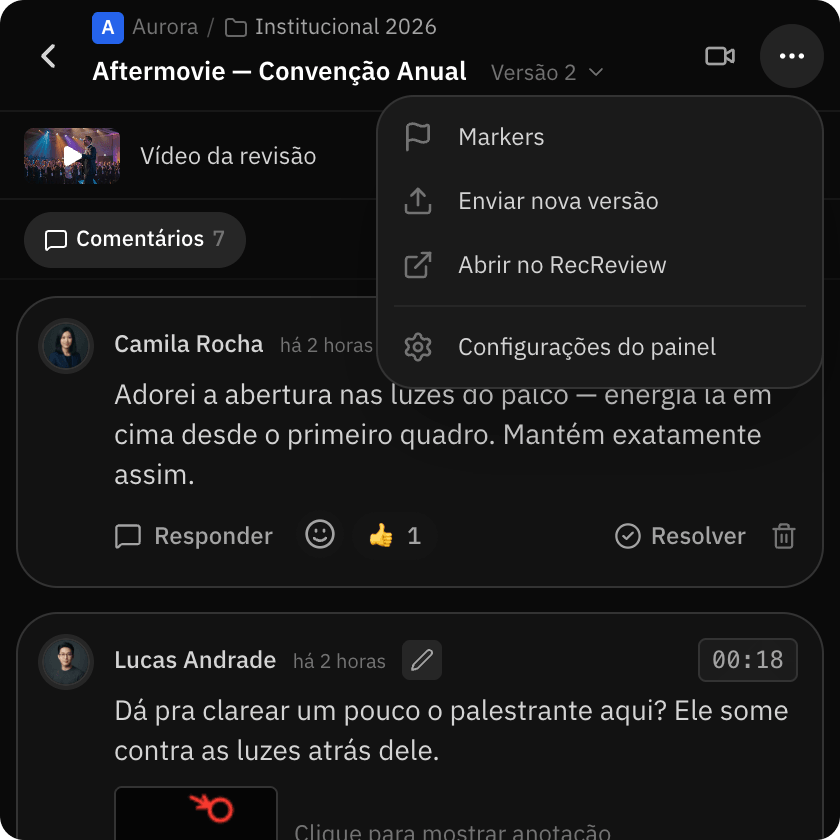Menu do painel do Premiere com Markers, Enviar nova versão e configurações do painel