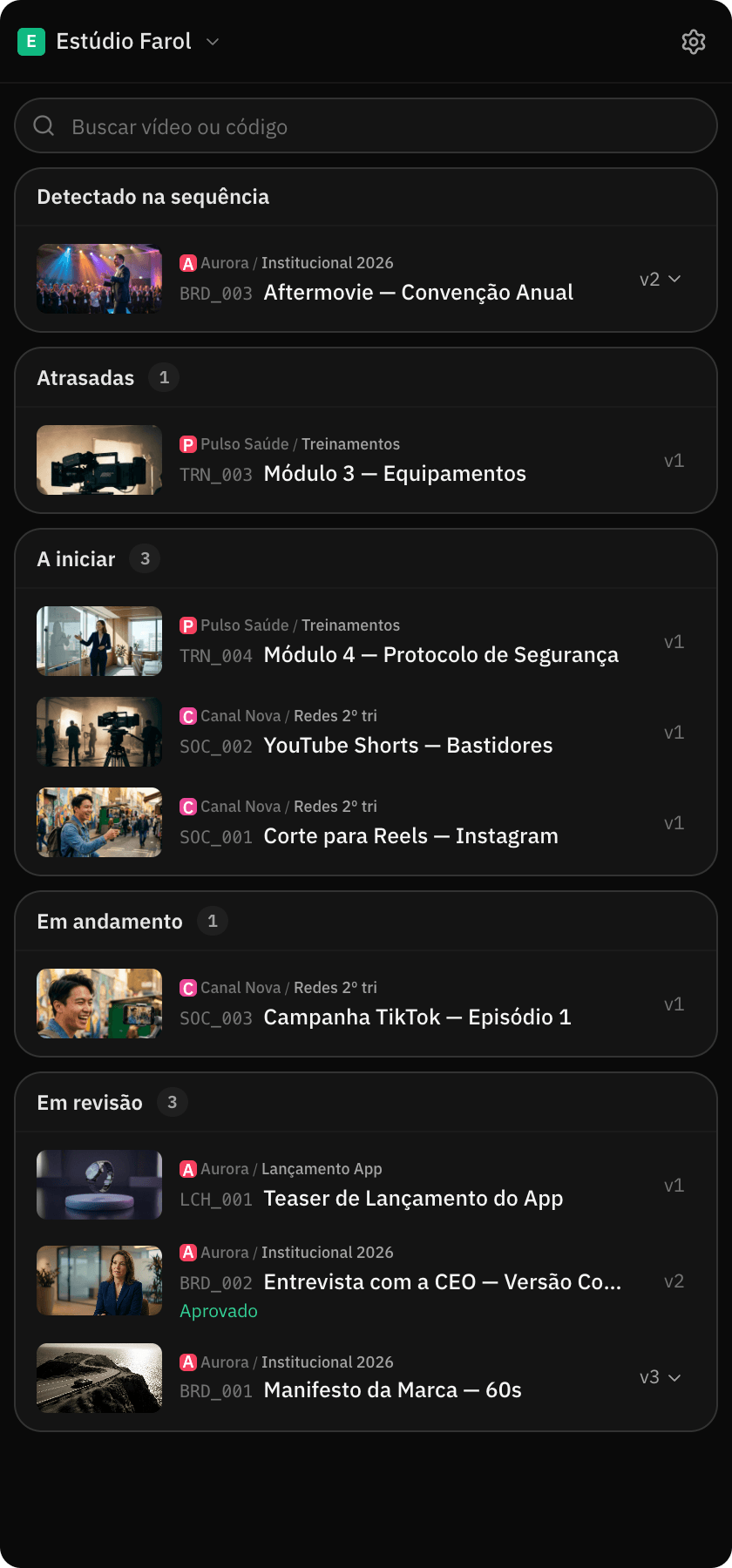 Lista de vídeos do painel do Premiere com o vídeo detectado na sequência aberta no topo
