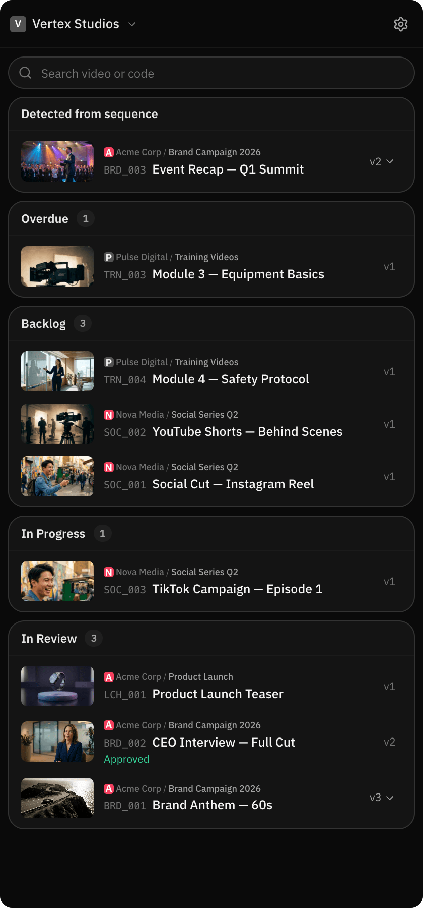 Premiere panel video list with the video detected from the open sequence at the top