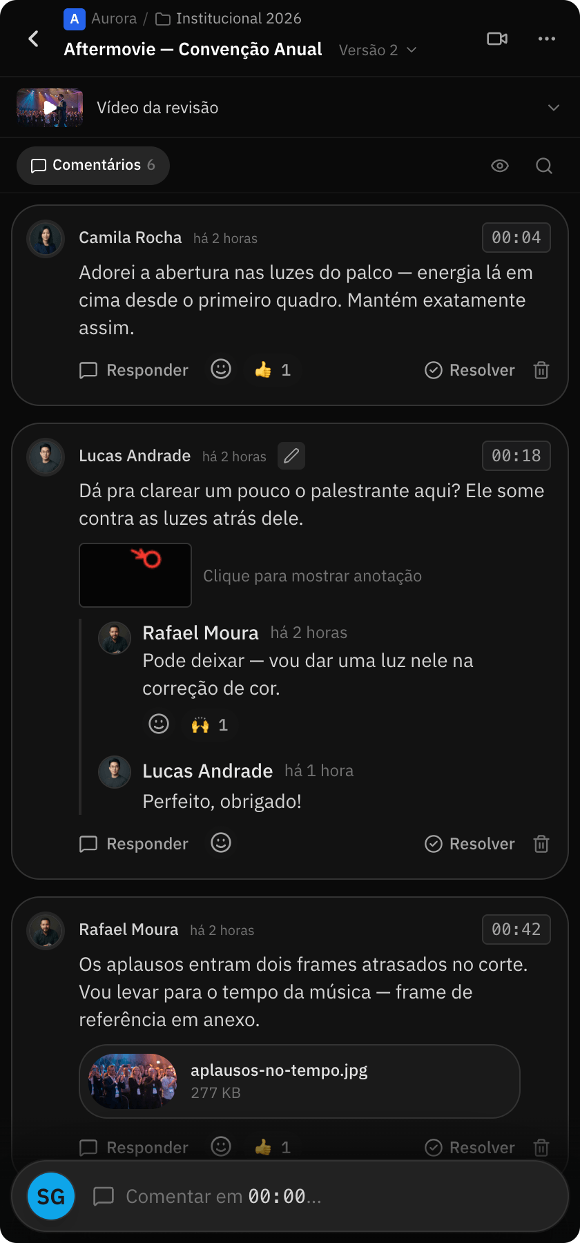 Painel do RecReview no Premiere com os comentários do cliente e o horário de cada um