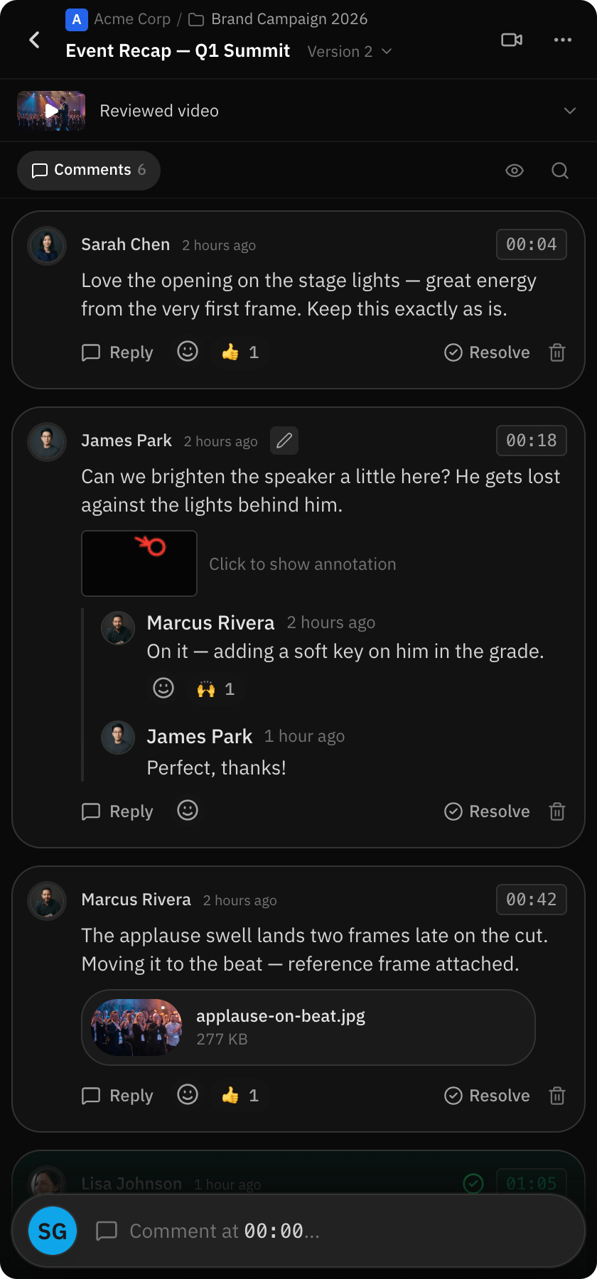 RecReview panel in Premiere with the client’s comments and the time of each one