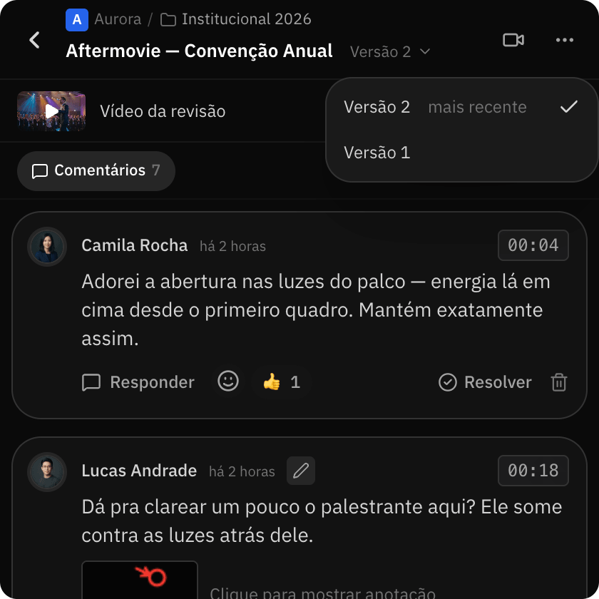 Versões do vídeo no painel do Premiere, com a mais recente marcada